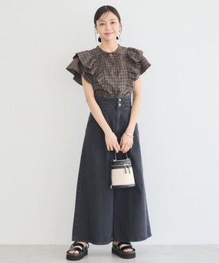 earth music&ecology フリルチェックブラウス Dark Brown