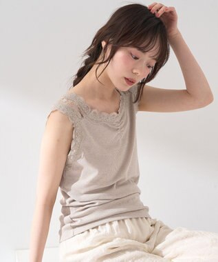 earth music&ecology ラメテレコショルダーレースタンクトップ Beige