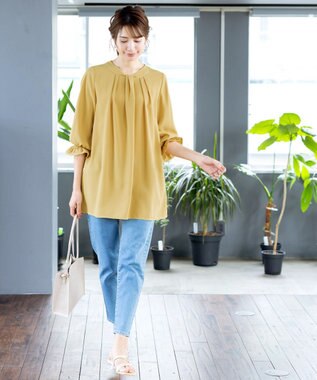 Tiaclasse L 【洗える】ボウタイ風チュニック イエロー