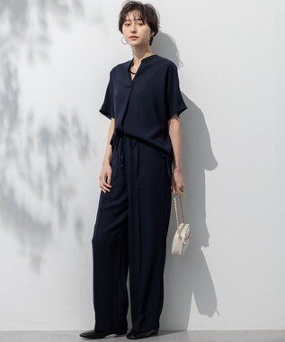 23区 L 【吸水速乾/UVカット/接触冷感】ストレッチジョーゼット バンドカラー カットソー ネイビー系