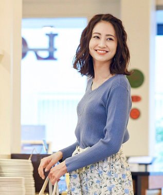 Tiaclasse 【洗える】異素材を組み合わせた花柄リブニットコンビワンピース ブルー