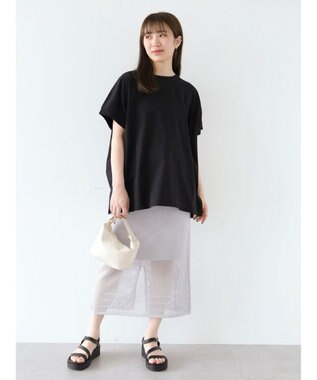 Green Parks インド綿 フレンチスリーブ前後差カットプルオーバー Black