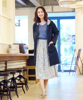 Tiaclasse 【洗える】異素材を組み合わせた花柄リブニットコンビワンピース ブルー