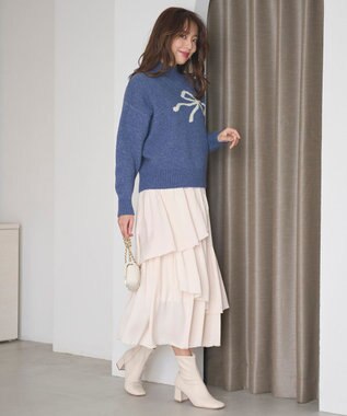 Feroux 【洗える】リボン柄ハイネック プルオーバーニット ラベンダーブルー