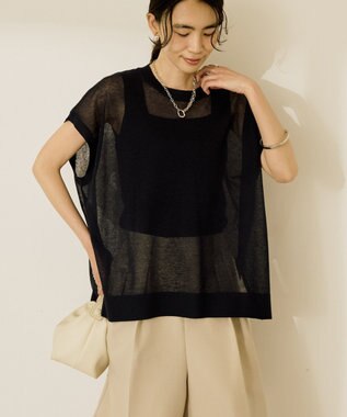 AMERICAN HOLIC ウォッシャブルシアーニットフレンチスリーブトップス Navy