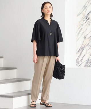 自由区 L 【洗える】ストレッチシャーティング 5分袖 フレアスリーブブラウス ブラック系1