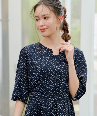 Tiaclasse L 【洗える】変形ドット柄ワンピース ネイビー