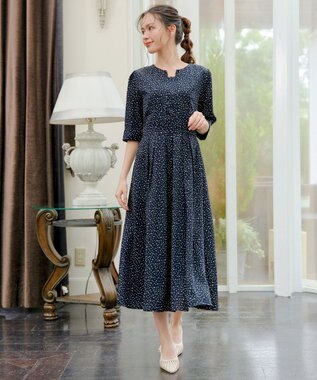 Tiaclasse L 【洗える】変形ドット柄ワンピース ネイビー