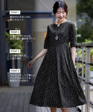 Tiaclasse L 【洗える】変形ドット柄ワンピース ブラック