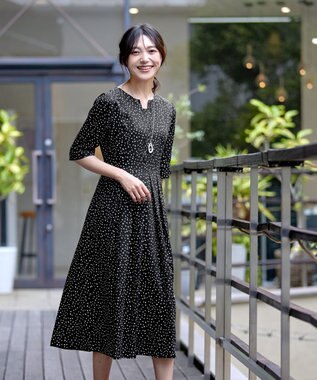 Tiaclasse L 【洗える】変形ドット柄ワンピース ブラック