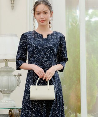 Tiaclasse L 【洗える】変形ドット柄ワンピース ネイビー