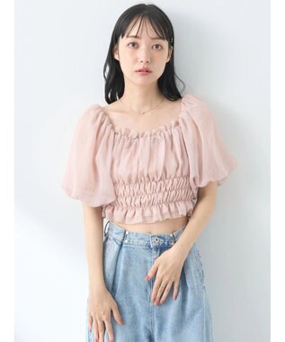 earth music&ecology パフスリーブシャーリングブラウス Pink Beige