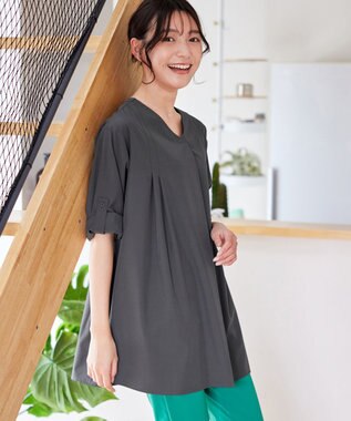 【洗える】ストレッチタフタタックチュニックブラウス