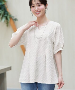 Tiaclasse L ダイヤ柄ふくれカットソーフレアトップス