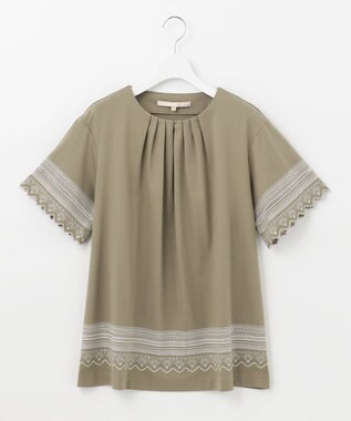 自由区 【洗える】エンブロイダリー チュニック丈カットソー カーキ系