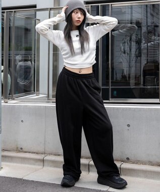 WEGO 【ウエストゴム】スウェットワイドパンツ ブラック