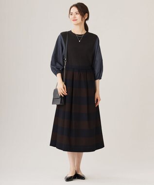 自由区 L 【カタログ掲載・洗える】スラブシャンタン スカート ネイビー×ブラウン