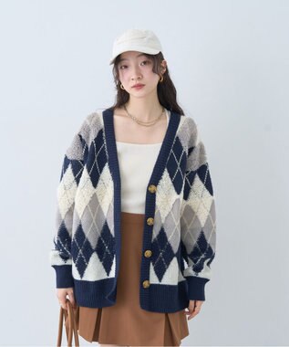 earth music&ecology ループ編みアーガイルカーディガン Navy