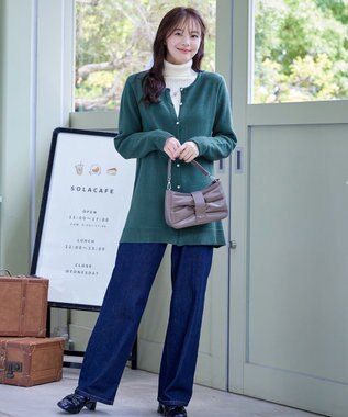 Tiaclasse 【洗える】ラウンドネックミドル丈ニットカーディガン ターコイズ