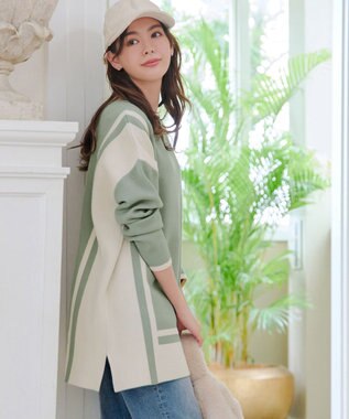 Tiaclasse 【新色追加・洗える】配色ニットチュニック ミント×アイボリー