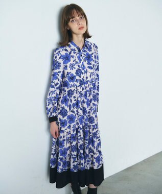GRACE CONTINENTAL フラワープリントティアードワンピース ブルー