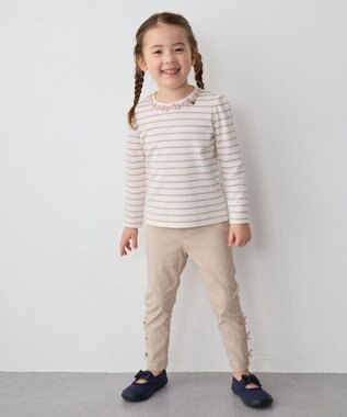 ANY KIDS リボン×ボーダー長袖Tシャツ ピンク×エクリュ