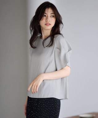 ANY マットサテン袖タックブラウス ライトグレー