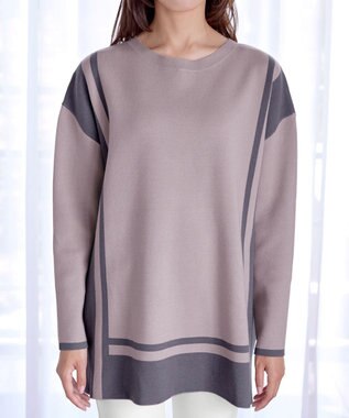 Tiaclasse 【新色追加・洗える】配色ニットチュニック グレージュ×チャコールグレー