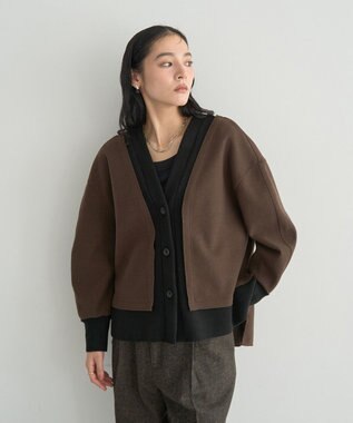 YECCA VECCA ニット切替メルトンVネックカーディガン Brown