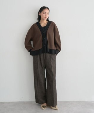 YECCA VECCA ニット切替メルトンVネックカーディガン Brown