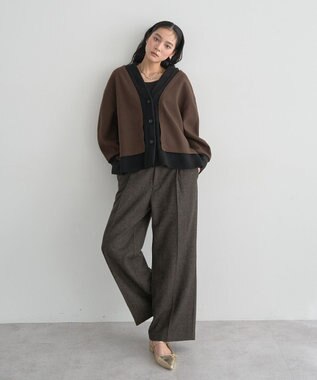 YECCA VECCA ニット切替メルトンVネックカーディガン Brown