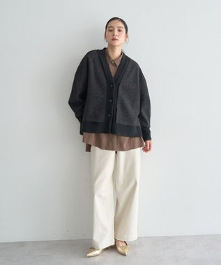 YECCA VECCA ニット切替メルトンVネックカーディガン Charcoal Gray