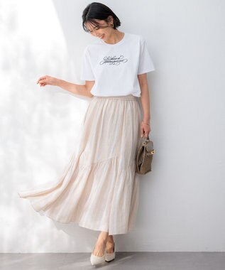 23区 【洗える】LIBECO ティアード スカート ベージュ×ホワイトストライプ