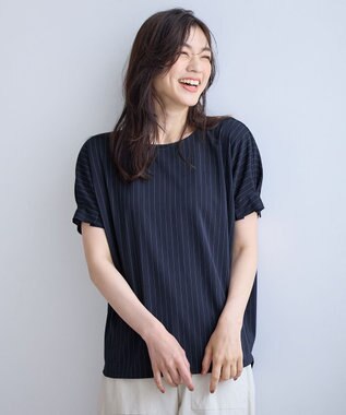 ANY 【洗濯機可】タックスリーブドルマンTシャツ ネイビーストライプ