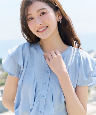 Tiaclasse デニム調フリルブラウス サックス