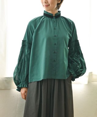 muuc 〈コットン100%強撚糸〉〈遠州織物の工場で織られた上質な生地〉〈シースルー〉〈ドライタッチ〉コットンドビーギャザーブラウス グリーン