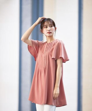 Tiaclasse L 【洗える】麻調ピンタックチュニックブラウス ピンク