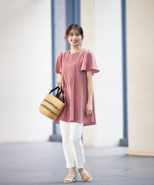 Tiaclasse L 【洗える】麻調ピンタックチュニックブラウス ピンク