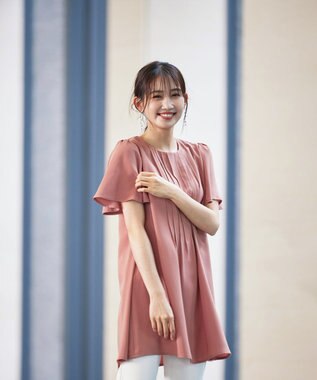 Tiaclasse L 【洗える】麻調ピンタックチュニックブラウス ピンク