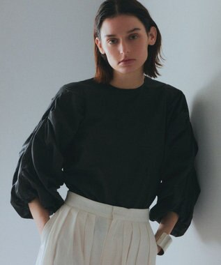 NAVE 【Nave・洗える】タイプライタークロス ギャザーブラウス ブラック系