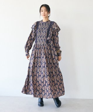 CRAFT STANDARD BOUTIQUE シャーリング袖フリルワンピース Flower yellow