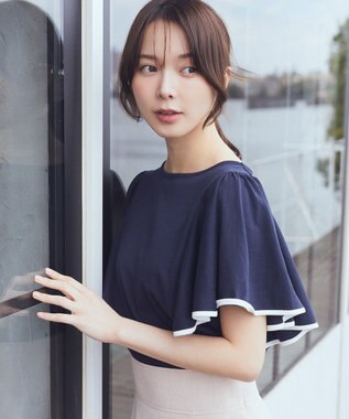 earth music&ecology 【接触冷感/洗濯機可】パイピングフレアスリーブカットソー Navy