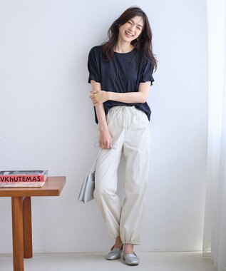 ANY 【洗濯機可】タックスリーブドルマンTシャツ ネイビーストライプ