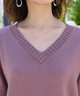 Tiaclasse L 【洗える】もっちり素材のVネックリブニットチュニック ラベンダー