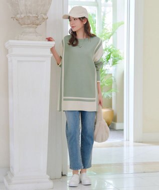 Tiaclasse 【新色追加・洗える】配色ニットチュニック ミント×アイボリー