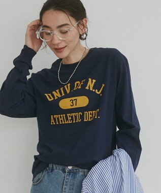 WEGO 【ANGIE VINTAGE】GILDAN カレッジロゴ オーバーサイズ プリント ロンT ネイビー