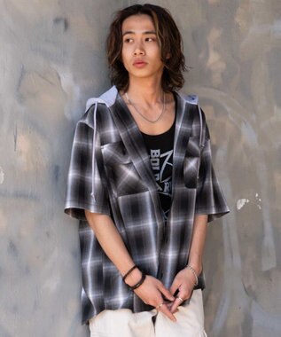 WEGO 【ユニセックス着用ITEM/MLサイズ展開】オンブレチェックフードシャツ（SS） ブラックチェック1