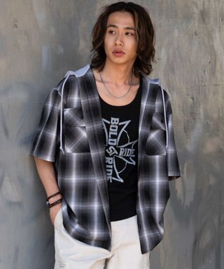 WEGO 【ユニセックス着用ITEM/MLサイズ展開】オンブレチェックフードシャツ（SS） ブラックチェック1