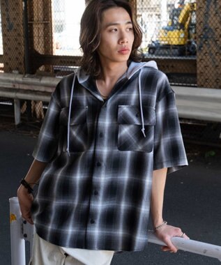 WEGO 【ユニセックス着用ITEM/MLサイズ展開】オンブレチェックフードシャツ（SS） ブラックチェック1