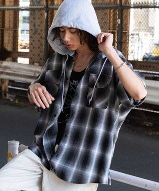WEGO 【ユニセックス着用ITEM/MLサイズ展開】オンブレチェックフードシャツ（SS） ブラックチェック1